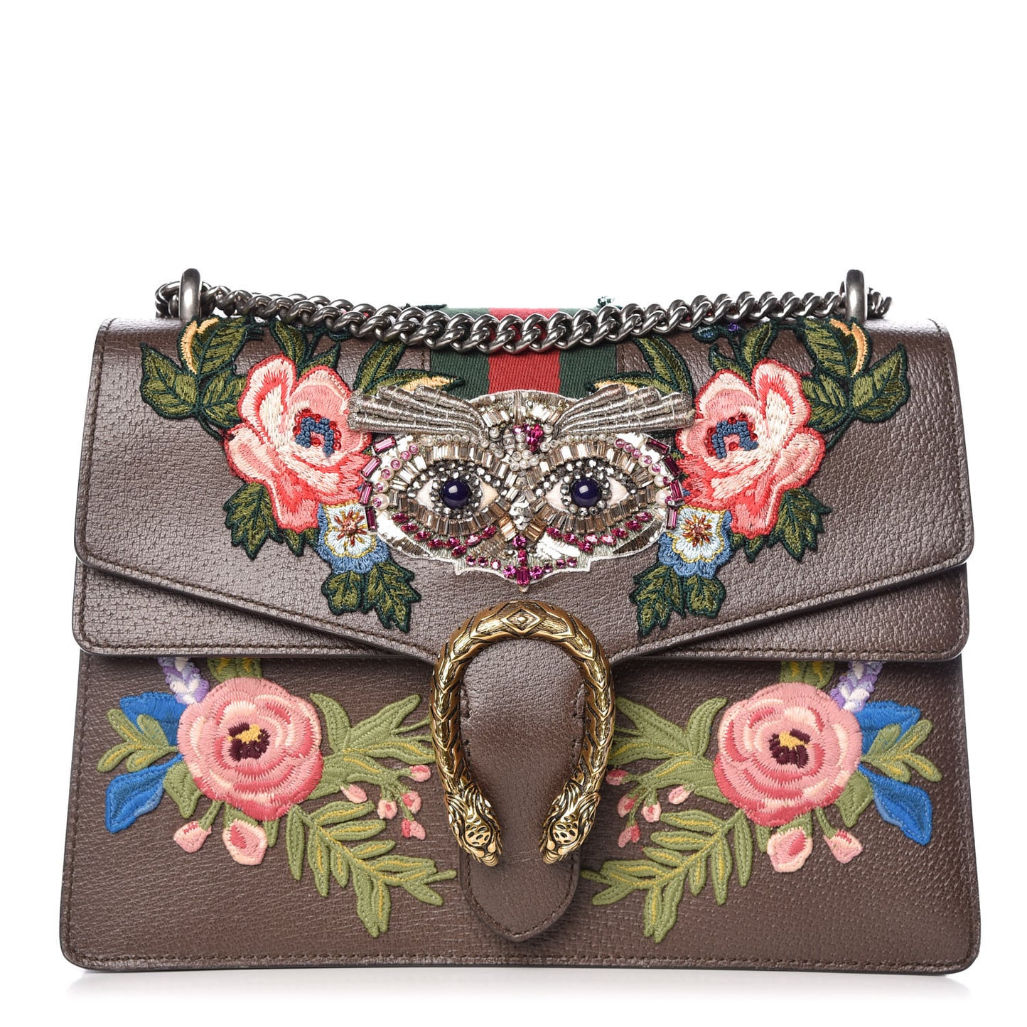 Calfskin Web Owl Embroidered Medium Dionysus Shoulder Bag New Acero Multicolor