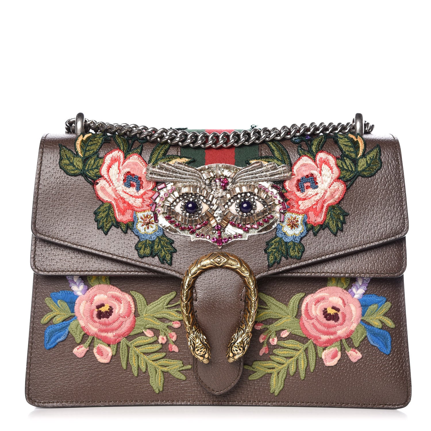 Gucci Calfskin Web Owl Embroidered Medium Dionysus Shoulder Bag New Acero Multicolor 1 of 17