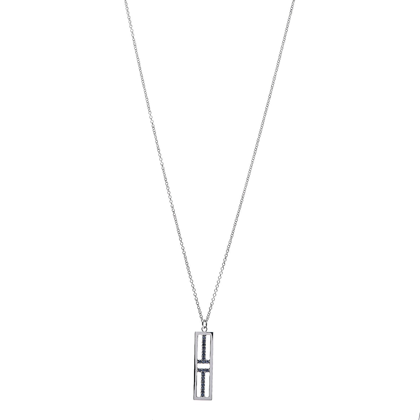 18K White Gold Blue Sapphire T Open Vertical Bar Pendant Necklace