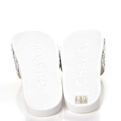 Chanel Tweed Grosgrain Camellia CC Flat Mules 38 Ecru Green Ivory 5 of 10