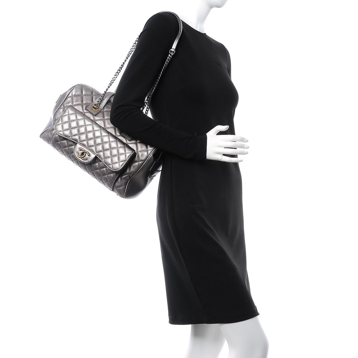Metallic Grained Calfskin Quilted Large Casual Pocket Bowling Bag Silver