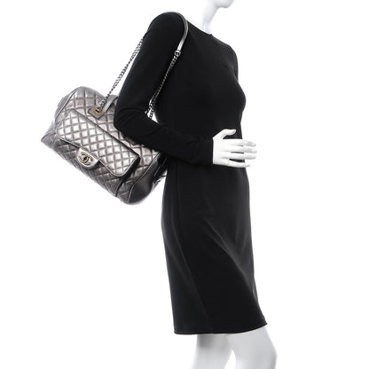Chanel Metallic Grained Calfskin Quilted Large Casual Pocket Bowling Bag Silver 2 of 7