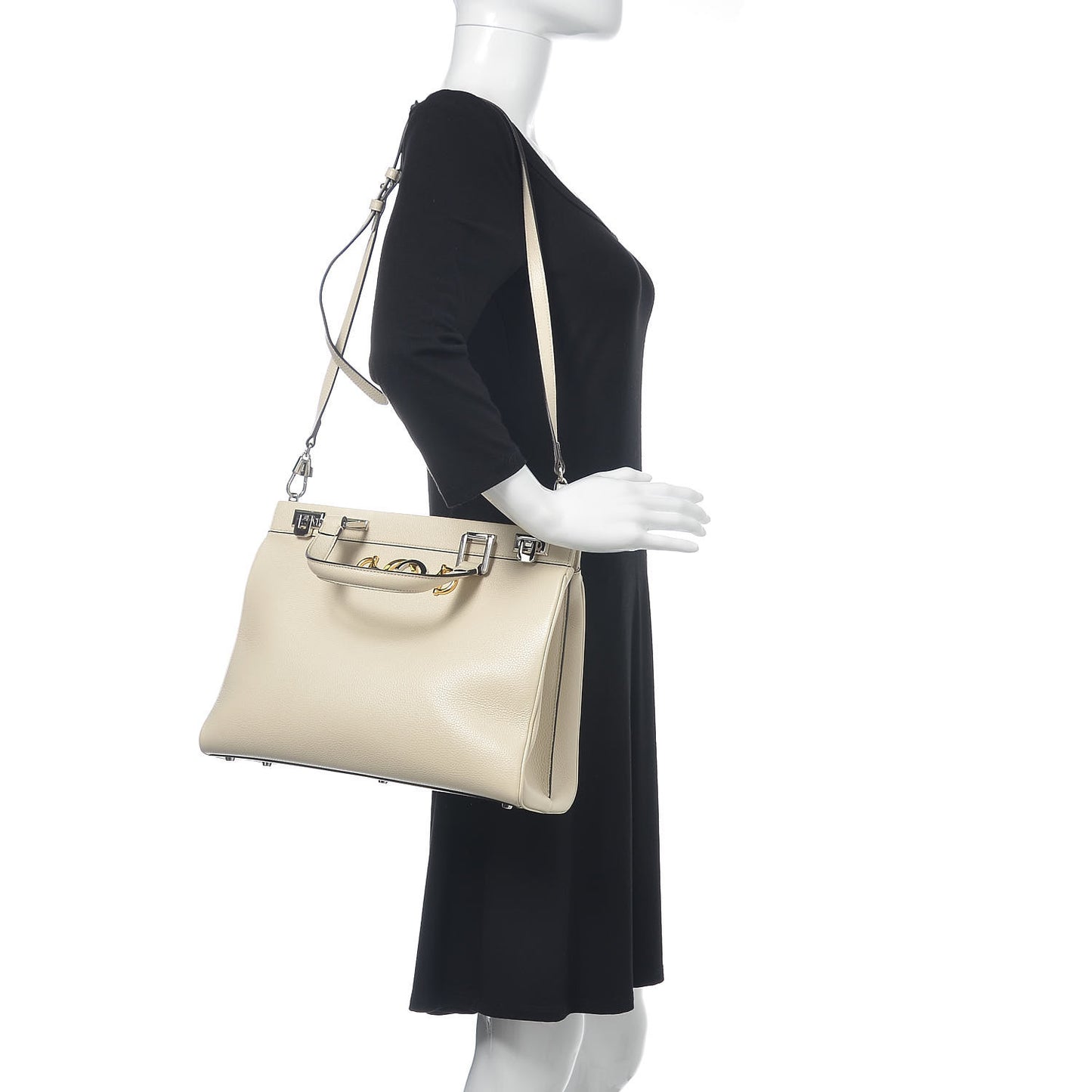 Grainy Calfskin Medium Zumi Top Handle Bag Mystic White