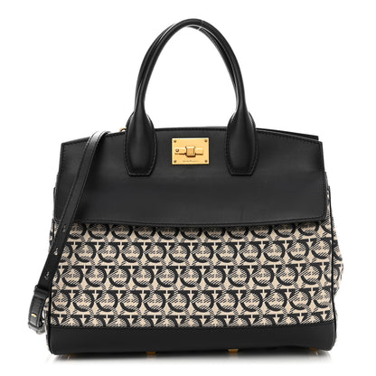 Salvatore Ferragamo Canvas Calfskin Gancini The Studio Bag Black Beige 1 of 10