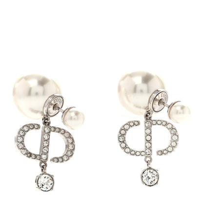 Christian Dior Pearl Crystal Tribal CD Drop Earrings Silver 1 of 5