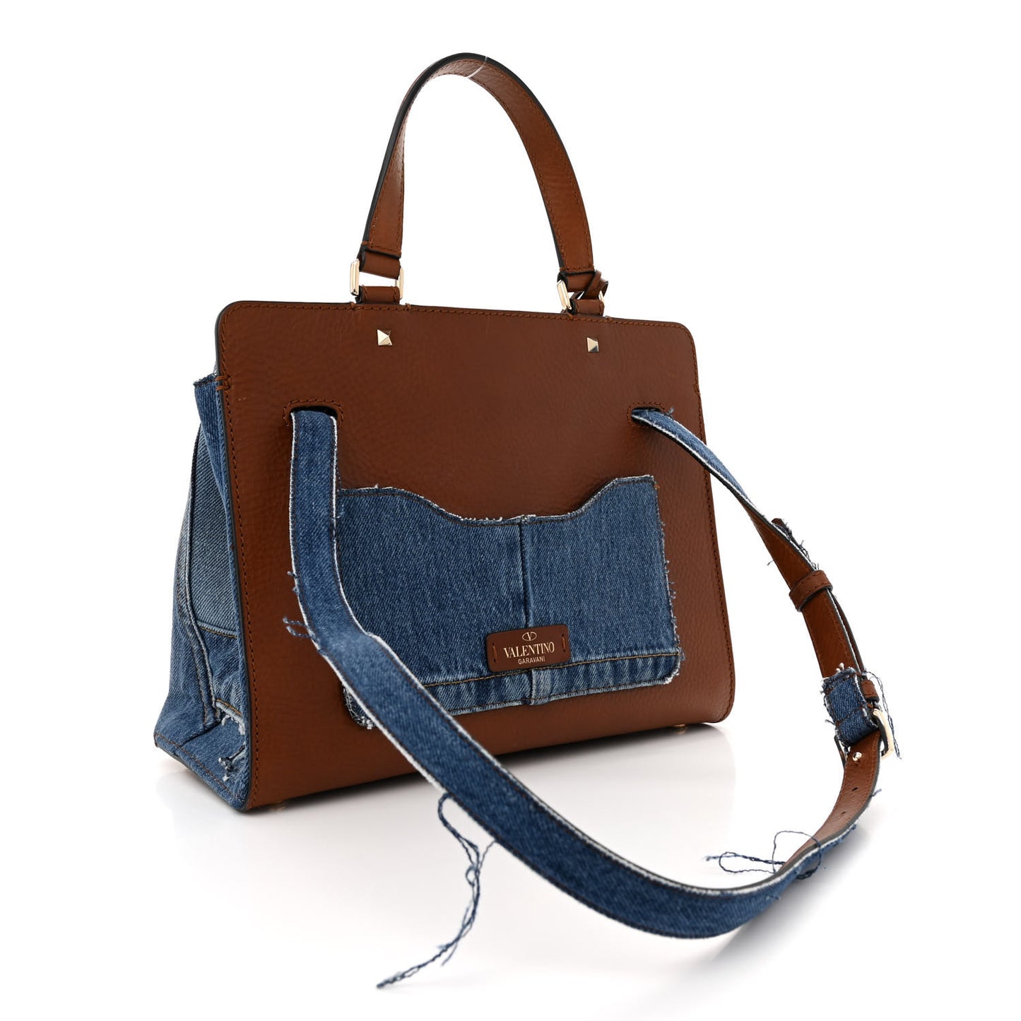 Calfskin Denim Rockstud Medium Joylock Satchel Blue