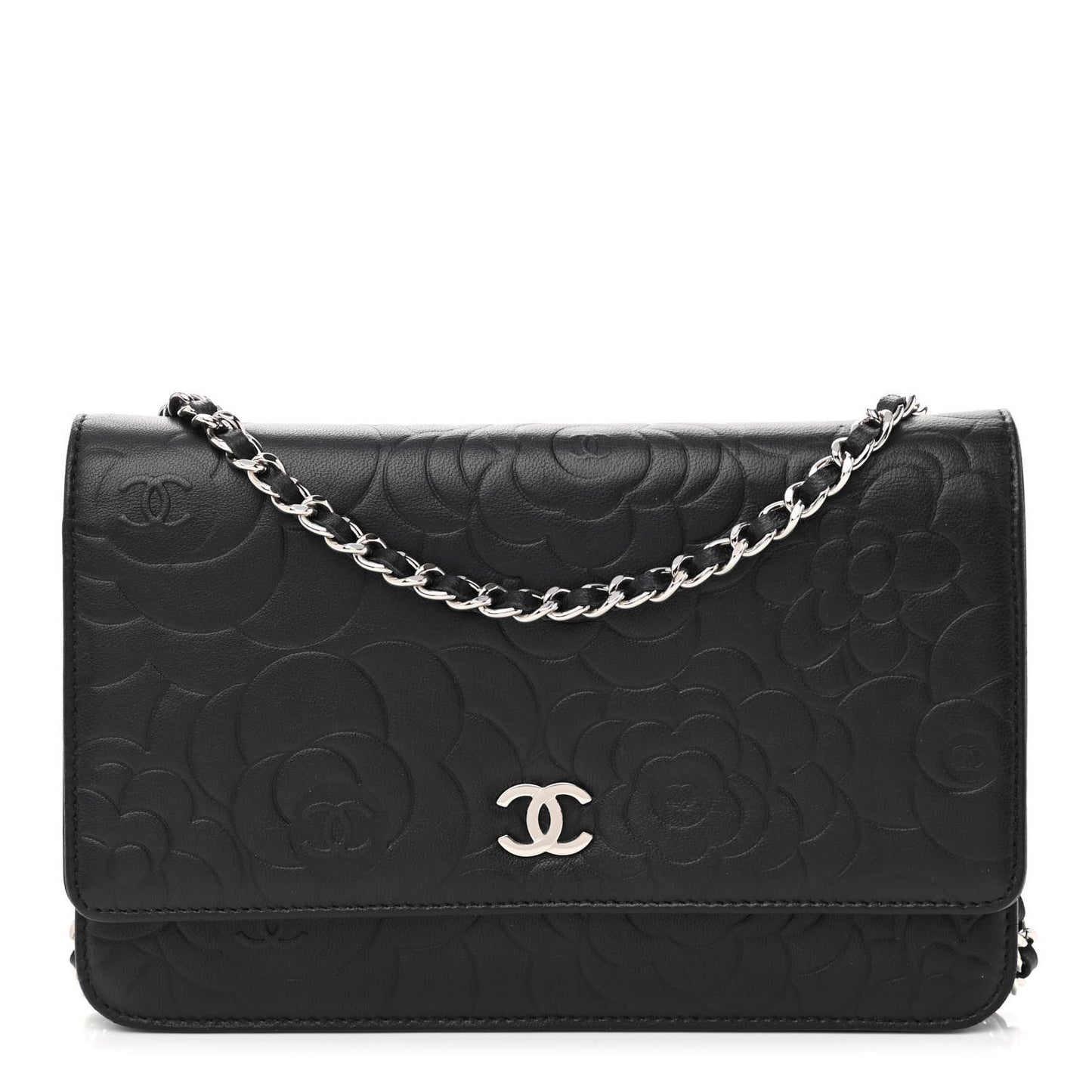 Lambskin Camellia Embossed Wallet on Chain WOC Black