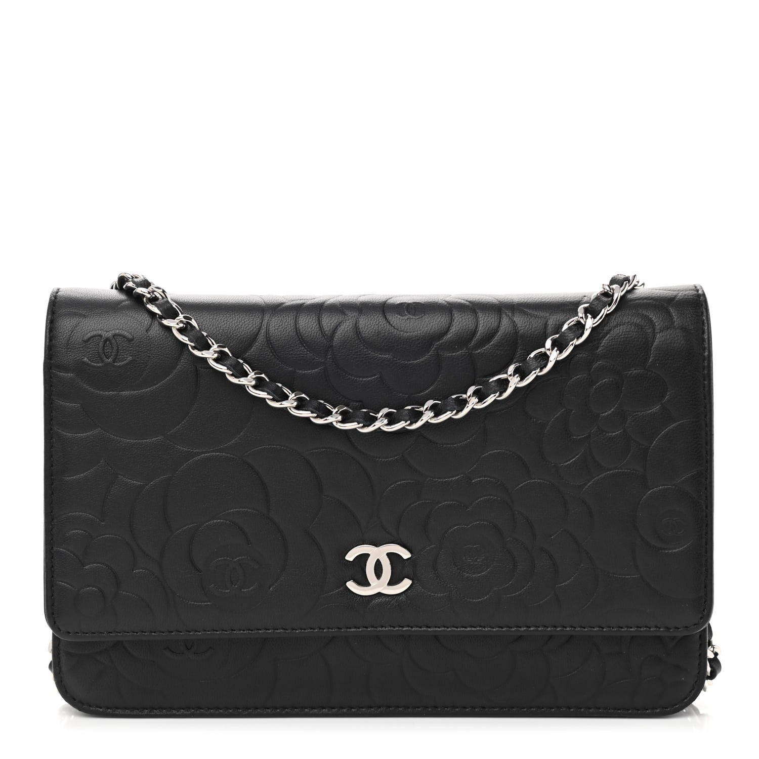 Chanel Lambskin Camellia Embossed Wallet on Chain WOC Black 1 of 12