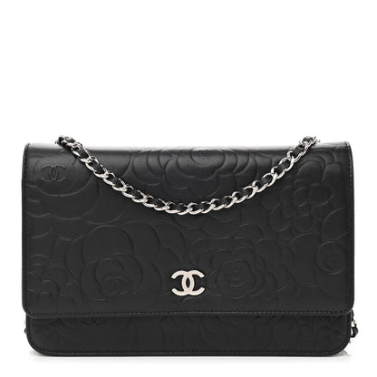 Chanel Lambskin Camellia Embossed Wallet on Chain WOC Black 1 of 12
