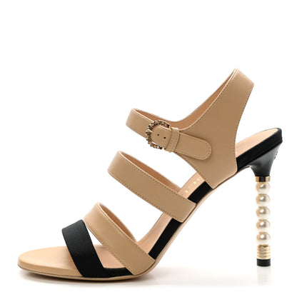 Chanel Lambskin Grosgrain Pearl Sandals 37.5 Beige Black 1 of 11