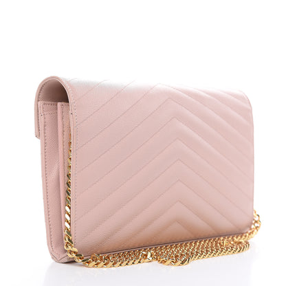 Saint Laurent Grain De Poudre Matelasse Chevron Monogram Chain Wallet Pale Pink 3 of 12