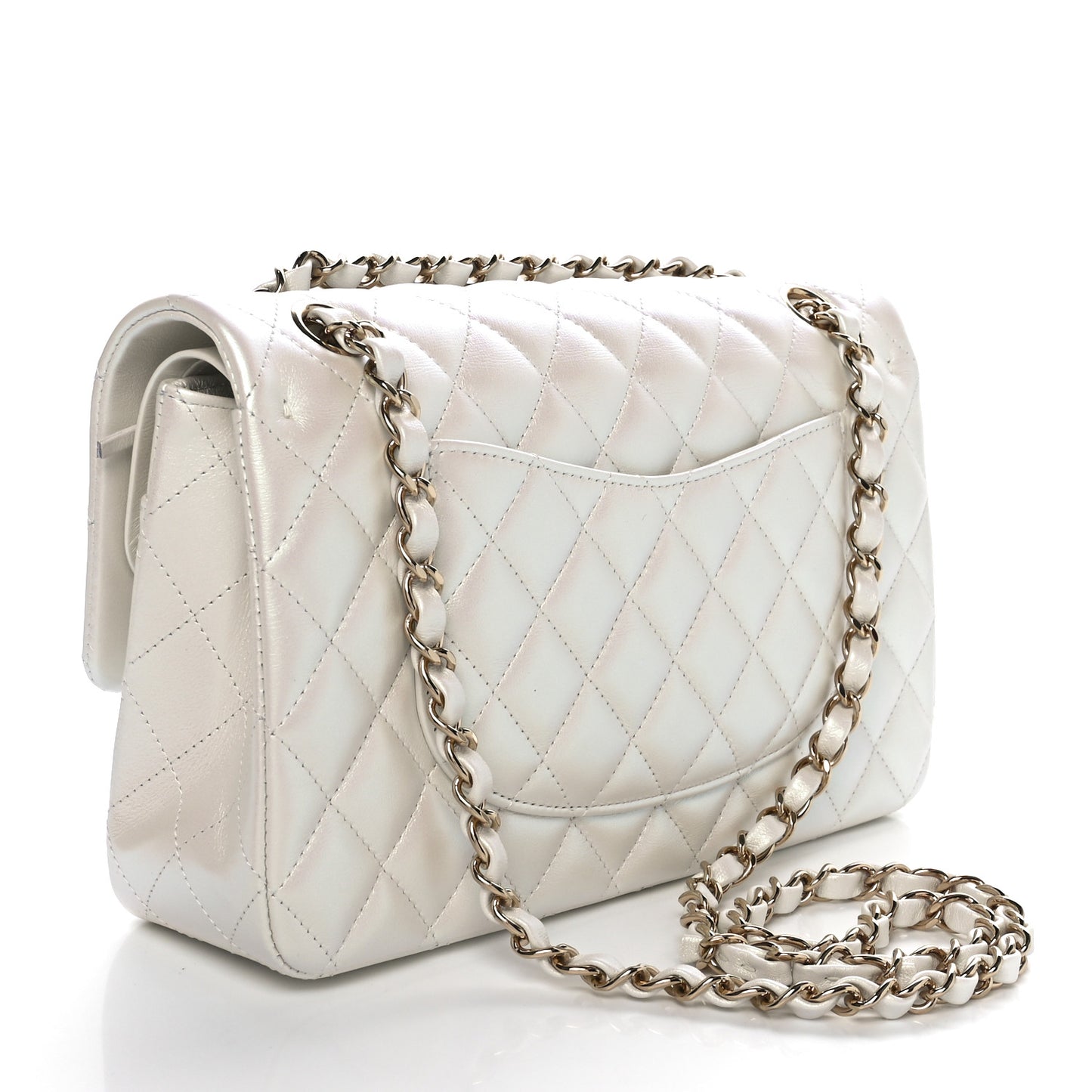 Iridescent Calfskin Quilted Medium Double Flap White