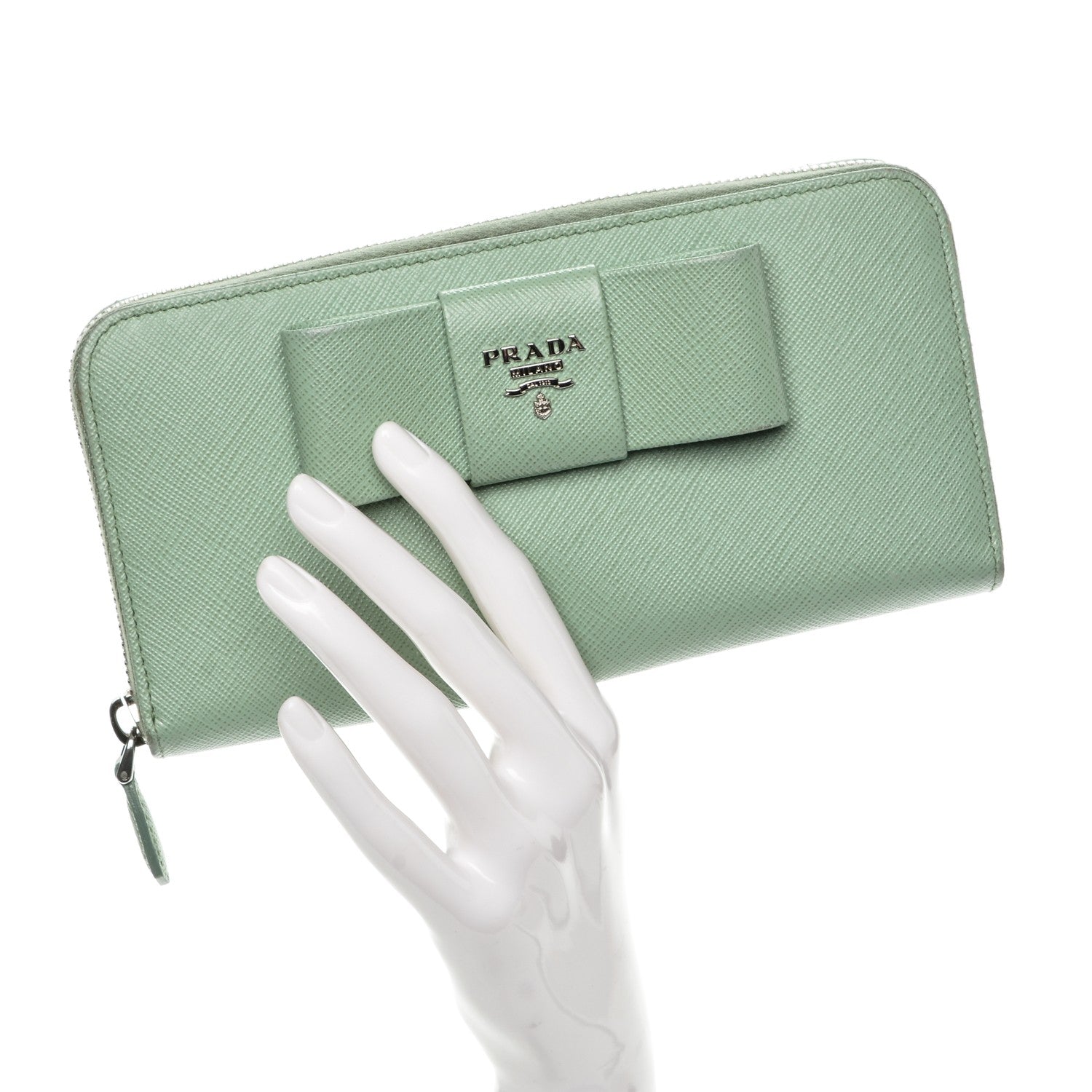 Prada Saffiano Fiocco Bow Zip Around Wallet Acquamarina 2 of 9