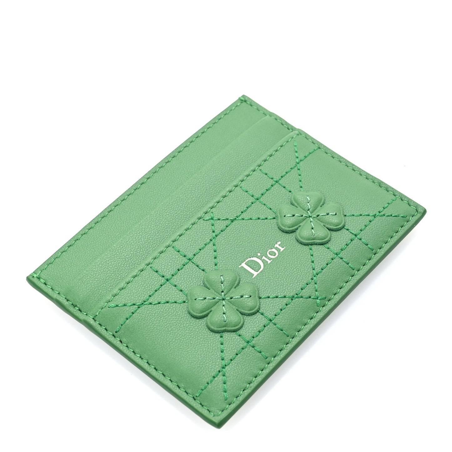 Lambskin Cannage Clover Embroidered Jardin Freesia Card Holder Green