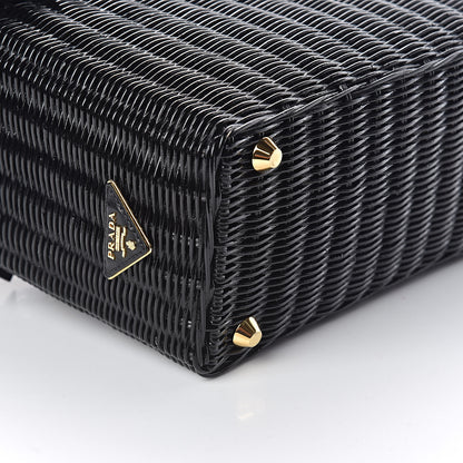 Prada Wicker Canvas Floral Embellished Shoulder Bag Black 8 of 9