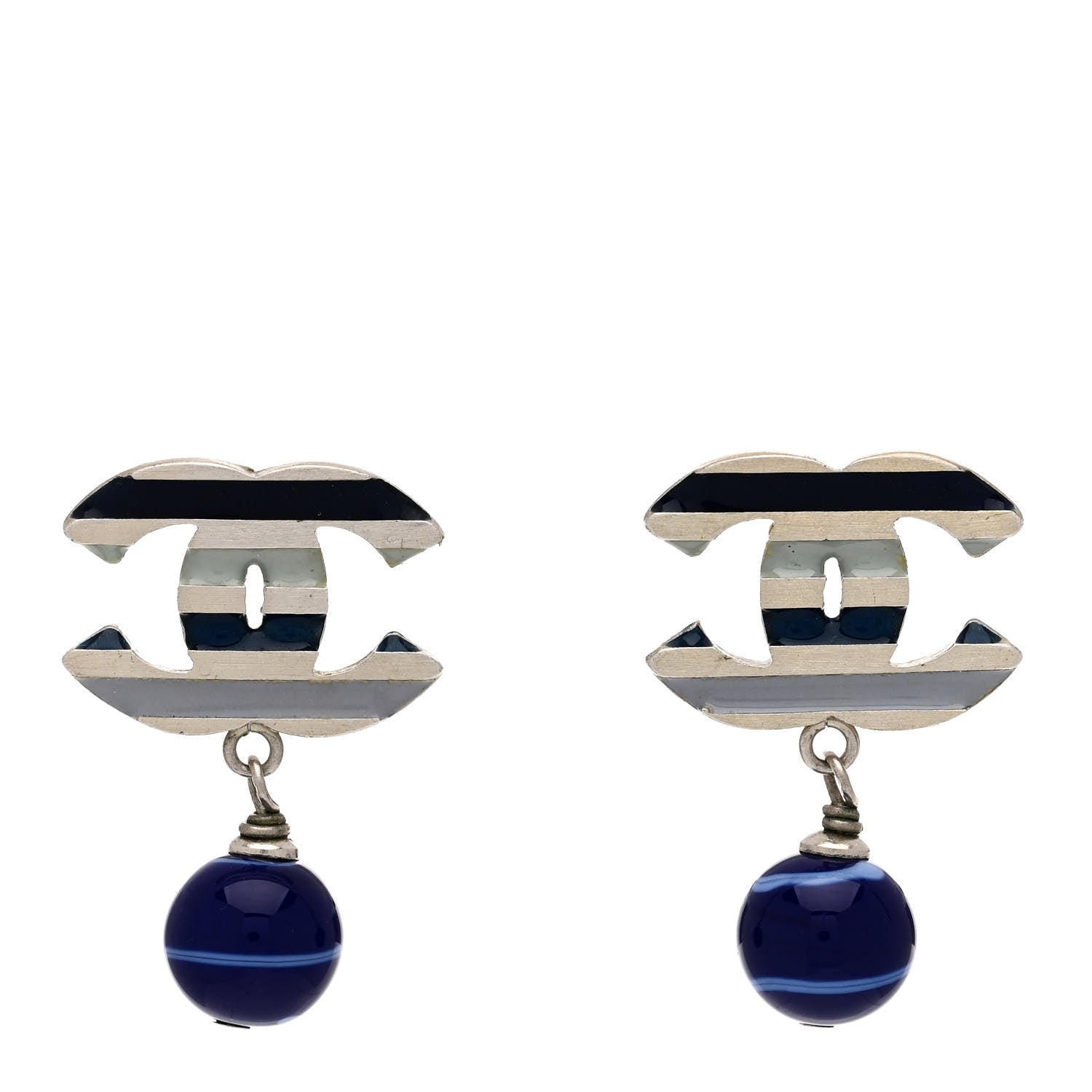 Chanel Enamel CC Bead Drop Earrings Blue Silver 1 of 5