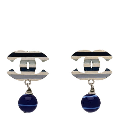 Chanel Enamel CC Bead Drop Earrings Blue Silver 1 of 5