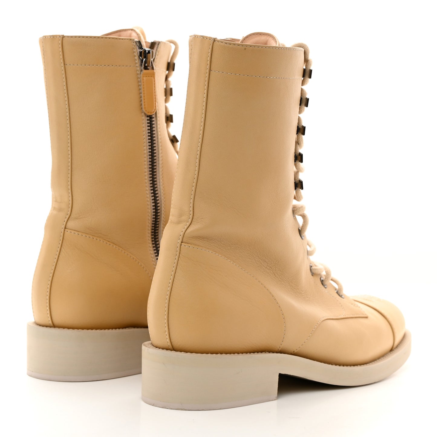 Calfskin Lace Up Combat Boots 40.5 Beige