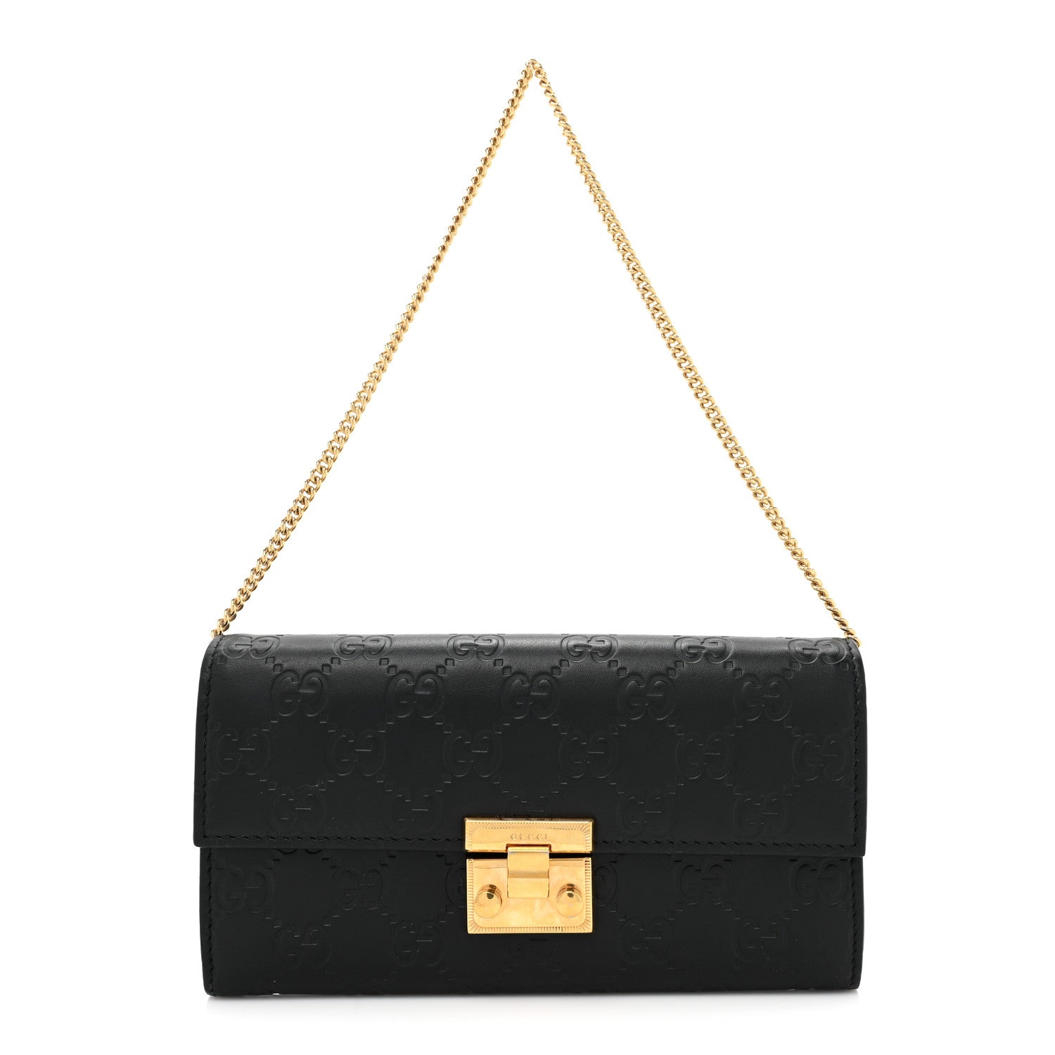 GUCCI Guccissima Padlock Continental Chain Wallet in the color Black by FASHIONPHILE