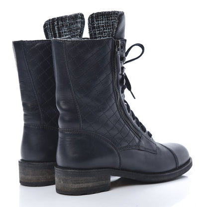 Chanel Sheepskin Quilted CC Tall Lace Up Combat Boots 39 Navy 4 of 10