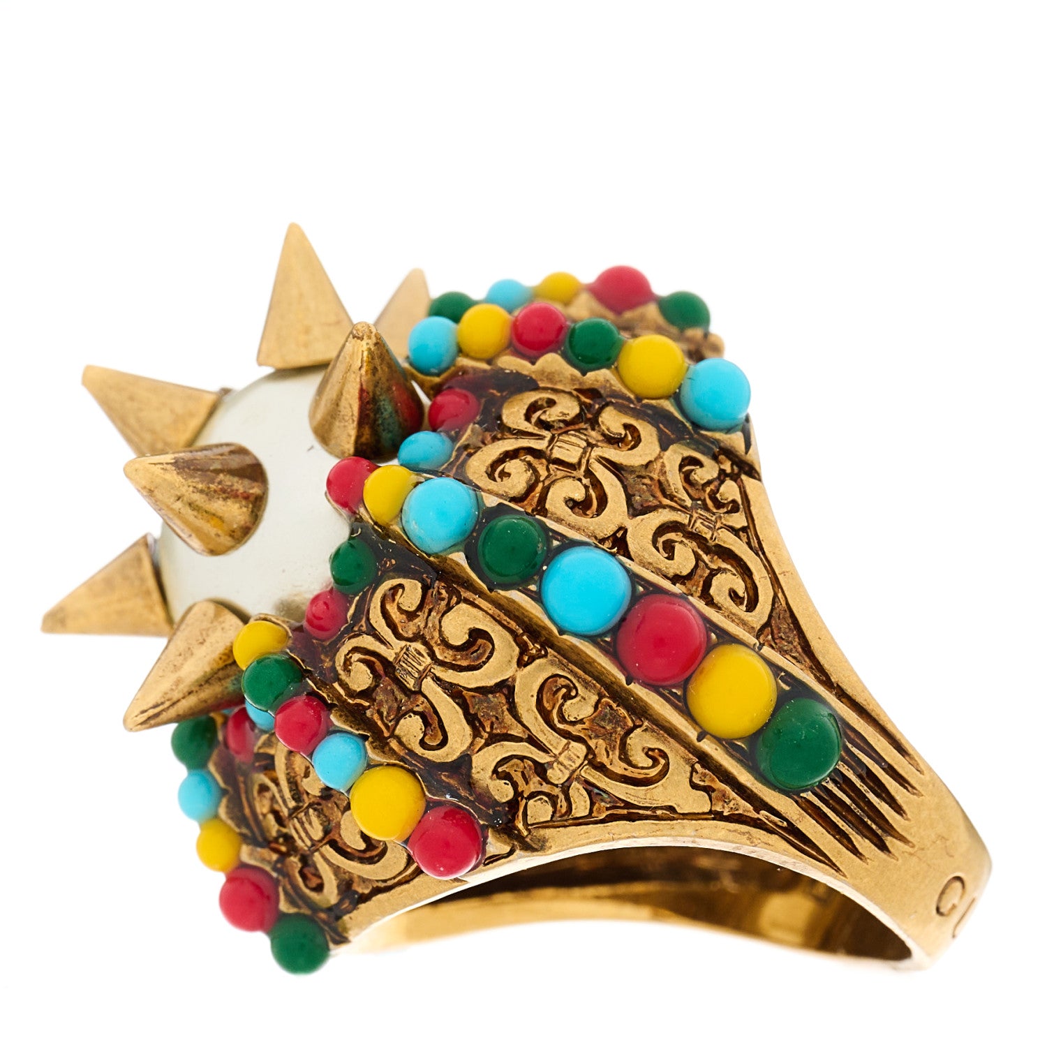 Gucci Pearl Beaded Spiked Ring 52 6 Aged Gold Multicolor 3 of 7