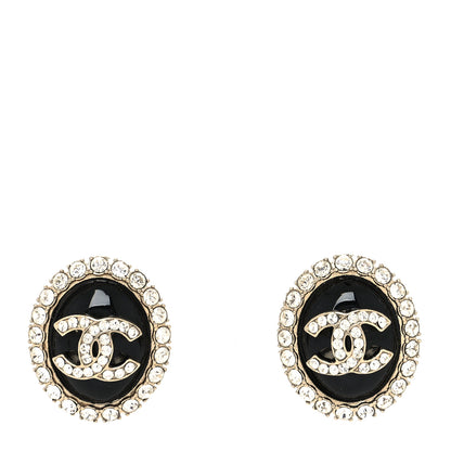 Chanel Enamel Crystal Oval CC Earrings Gold Black 1 of 4