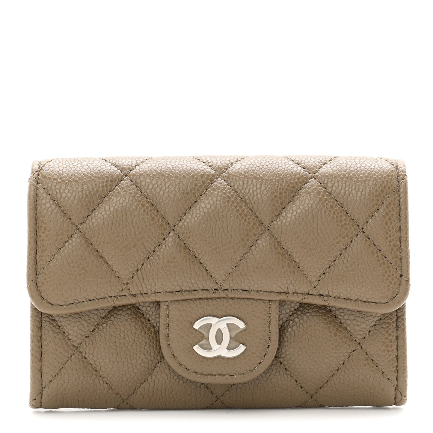 Caviar Quilted Flap Card Holder Wallet Dark Khaki