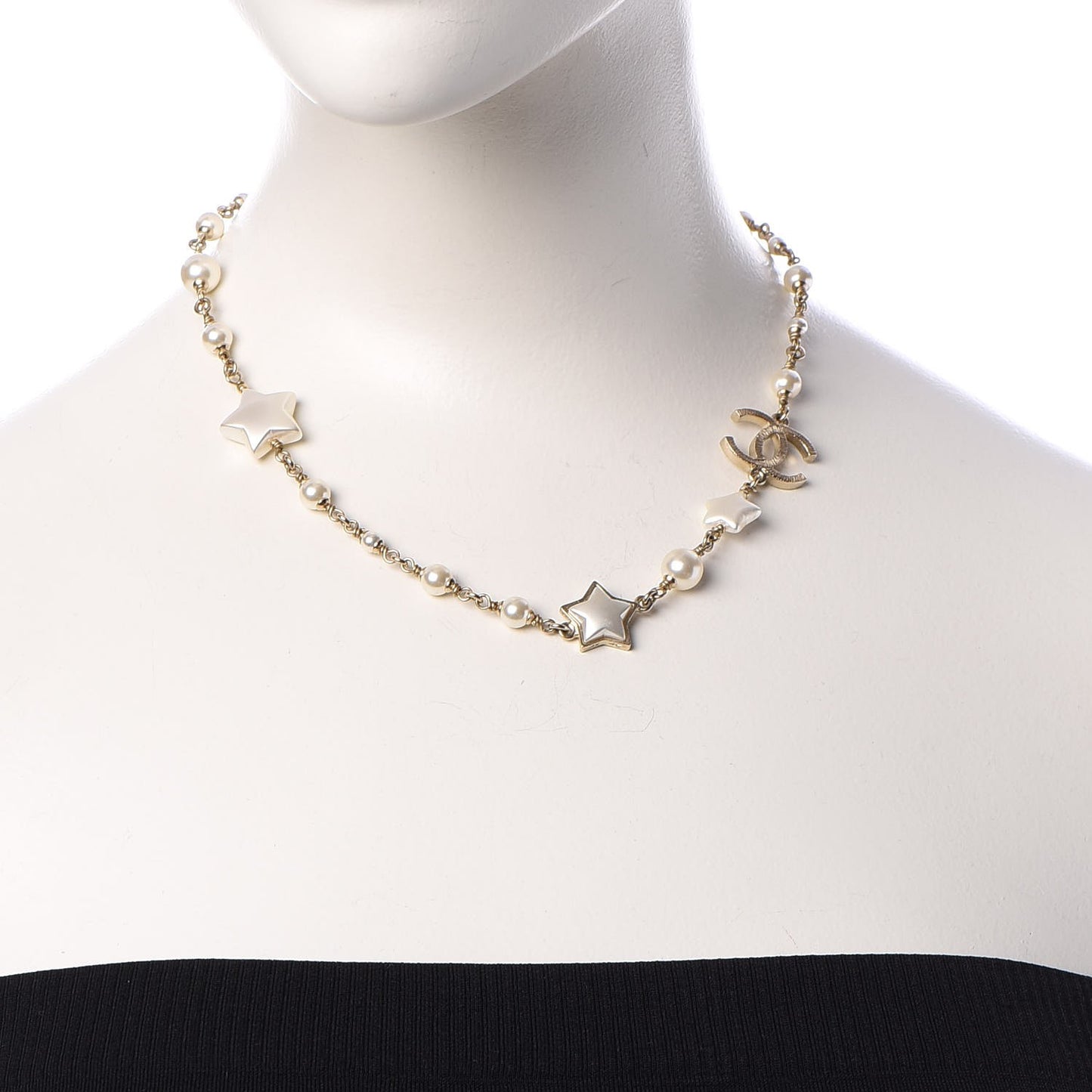 Metal Resin Pearl Star CC Necklace Gold