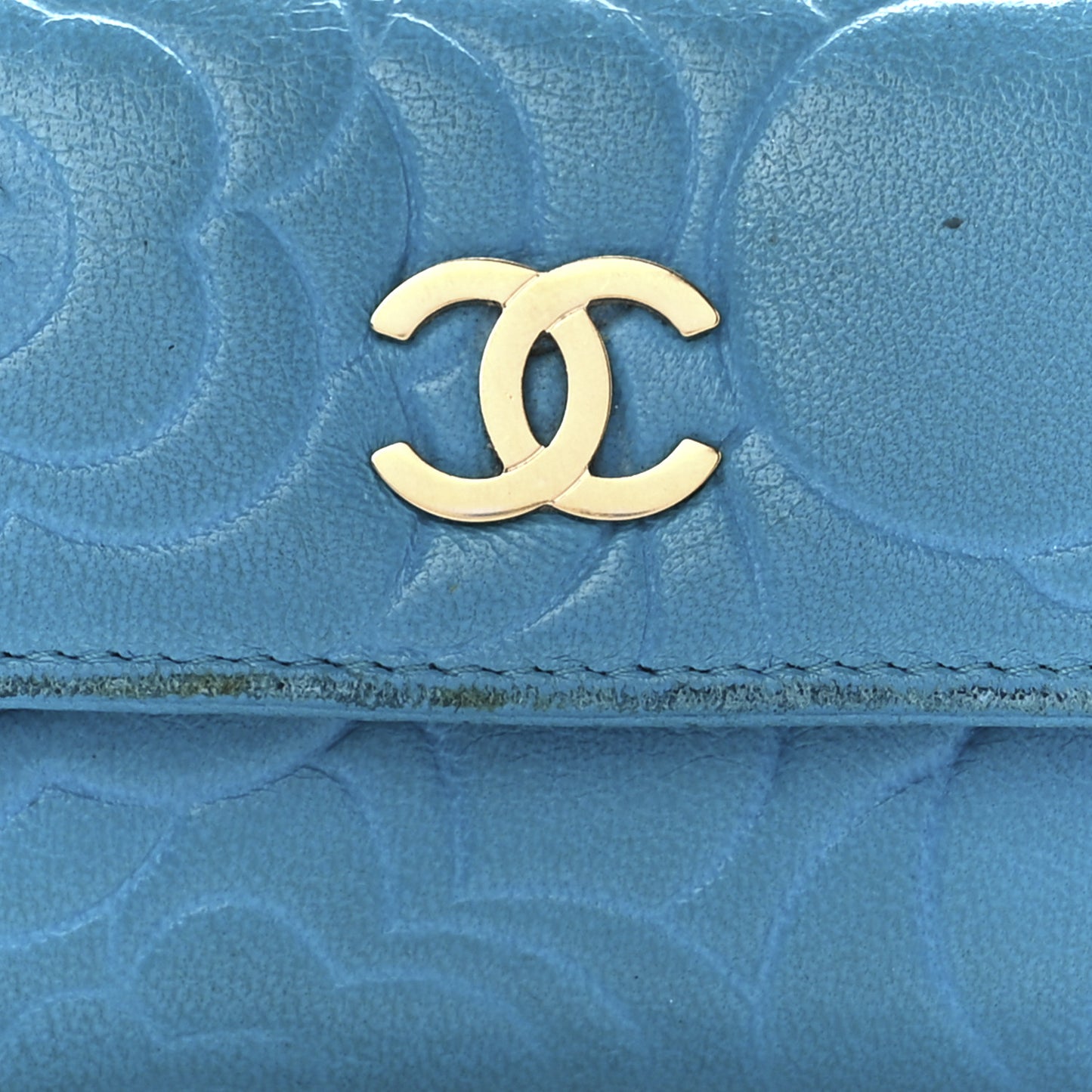 Lambskin Camellia Embossed Flap Card Holder Blue