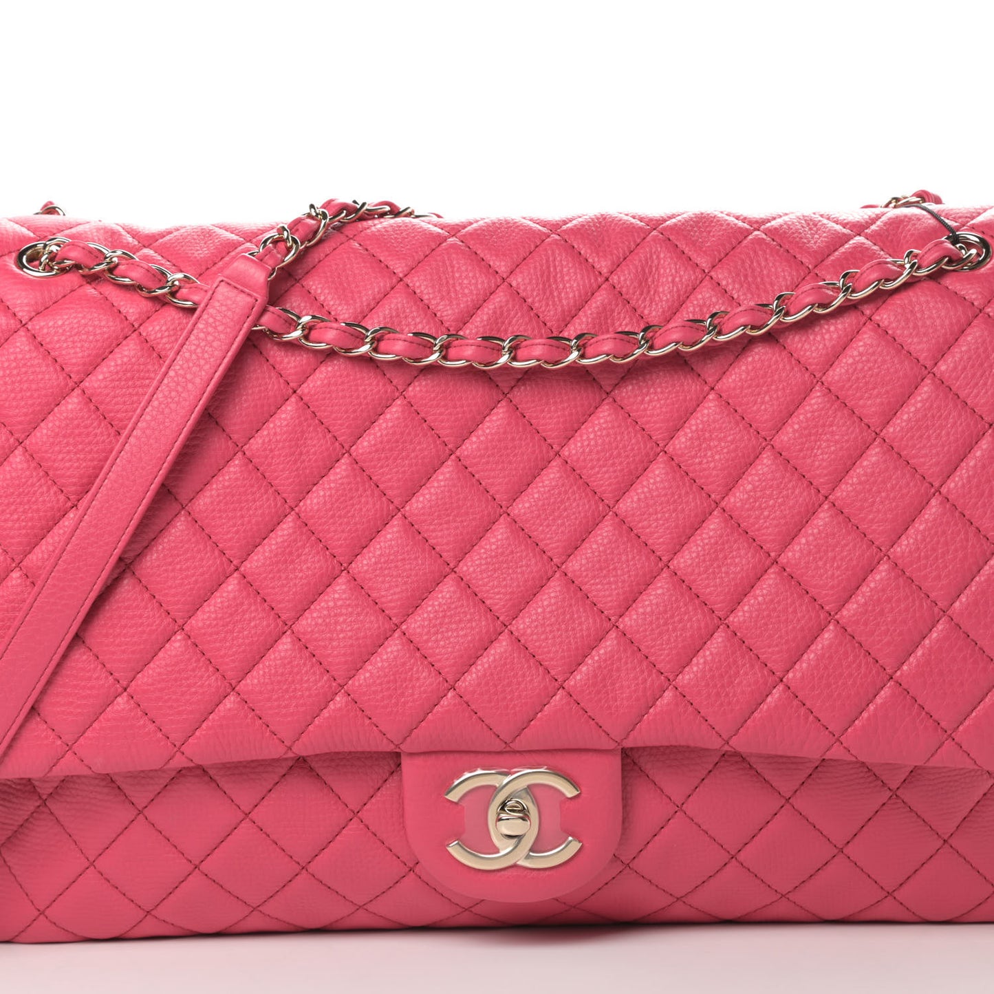 Calfskin Quilted XXL Travel Flap Bag Dark Pink