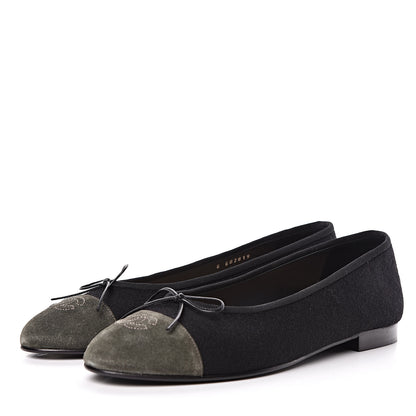 Chanel Fabric Suede Cap Toe CC Ballerina Flats 41 Black Dark Khaki 3 of 11