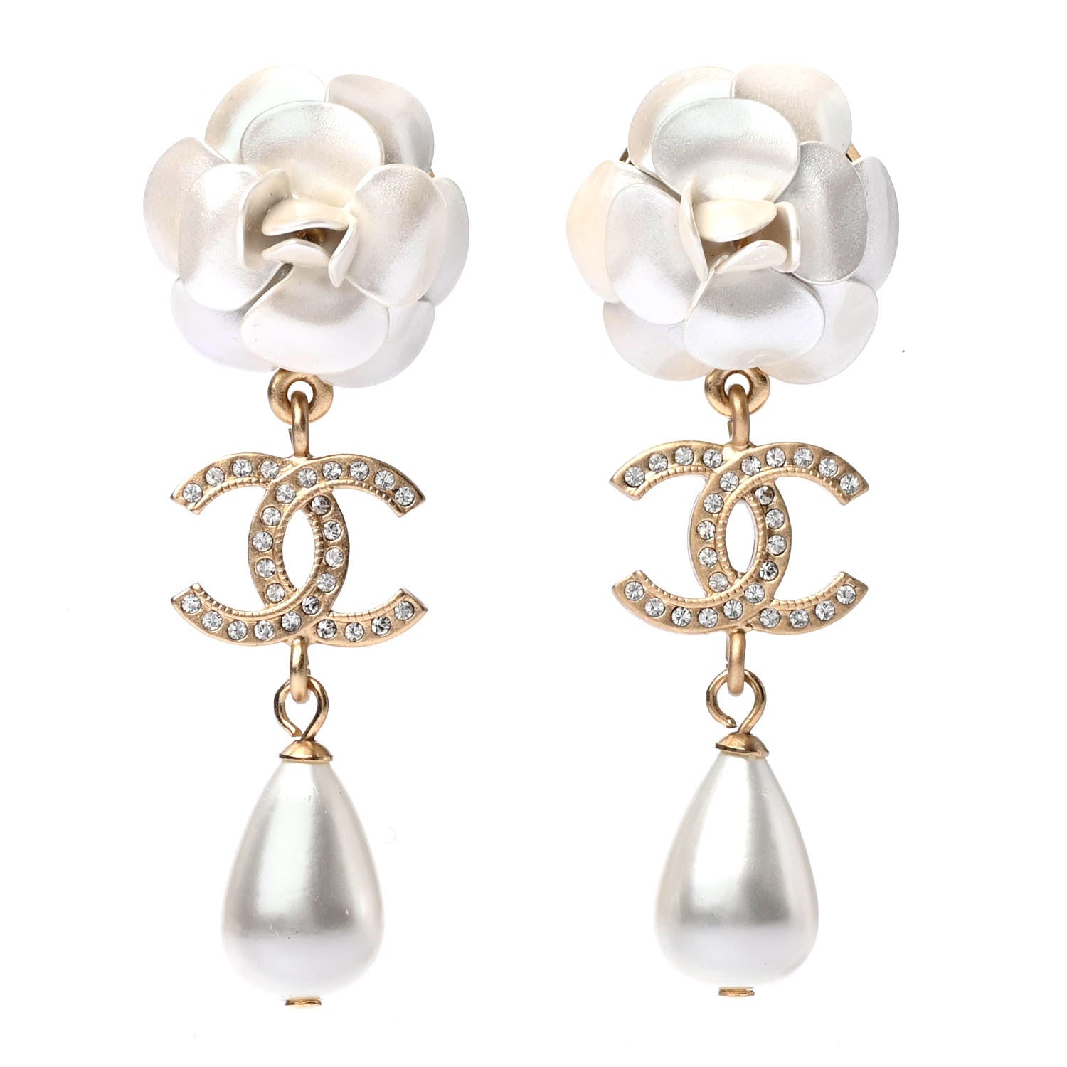 Chanel Metal Crystal Pearl 90s Camellia CC Drop Earrings Gold 1 of 4