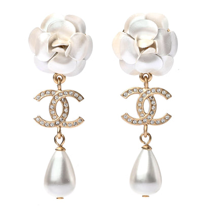 Chanel Metal Crystal Pearl 90s Camellia CC Drop Earrings Gold 1 of 4