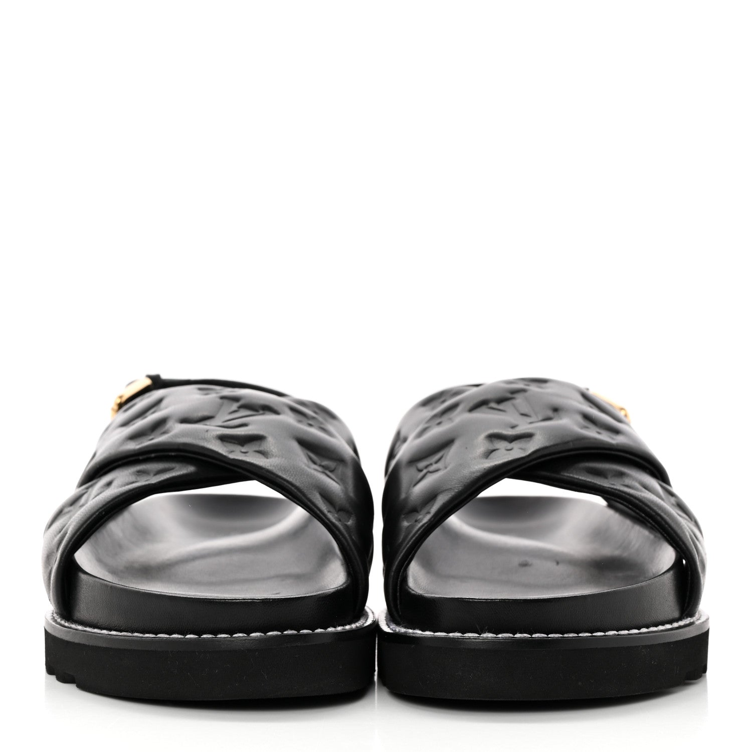 Louis Vuitton Lambskin Monogram Embossed Paseo Flat Comfort Sandals 39 Black 2 of 9