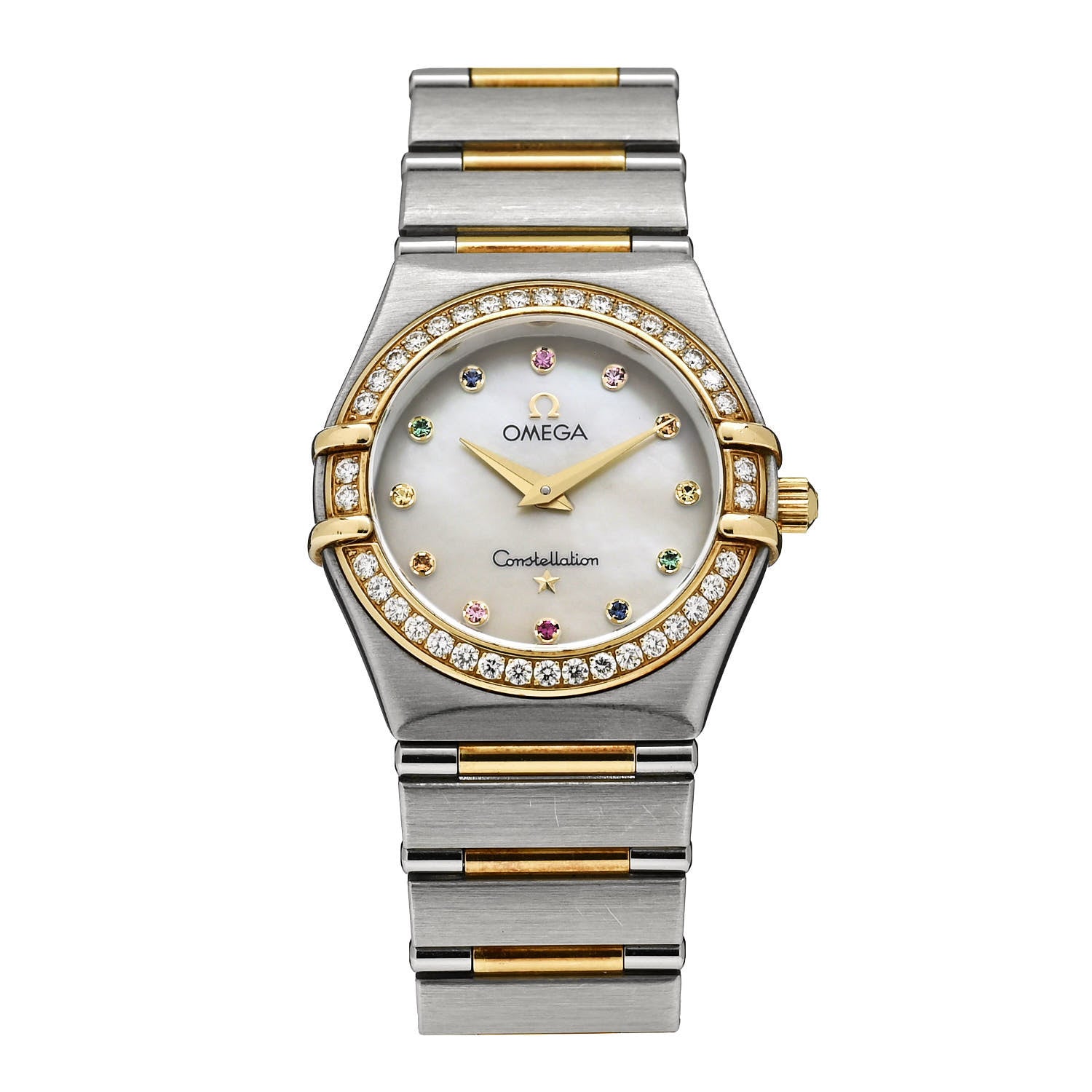 Omega Stainless Steel 18K Yellow Gold Diamond Bezel Mother of Pearl Gemstone 25mm Constellation Quartz Watch 1365.79.00 1 of 4