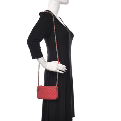 Chanel Caviar Chevron Quilted Small Clutch With Chain Light Red 2 of 15