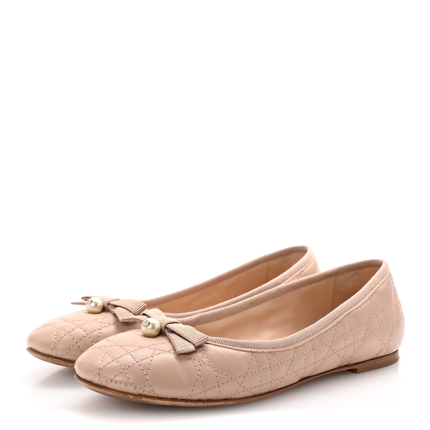 Calfskin Cannage Pearl Bow Ballet Flats 38 Nude