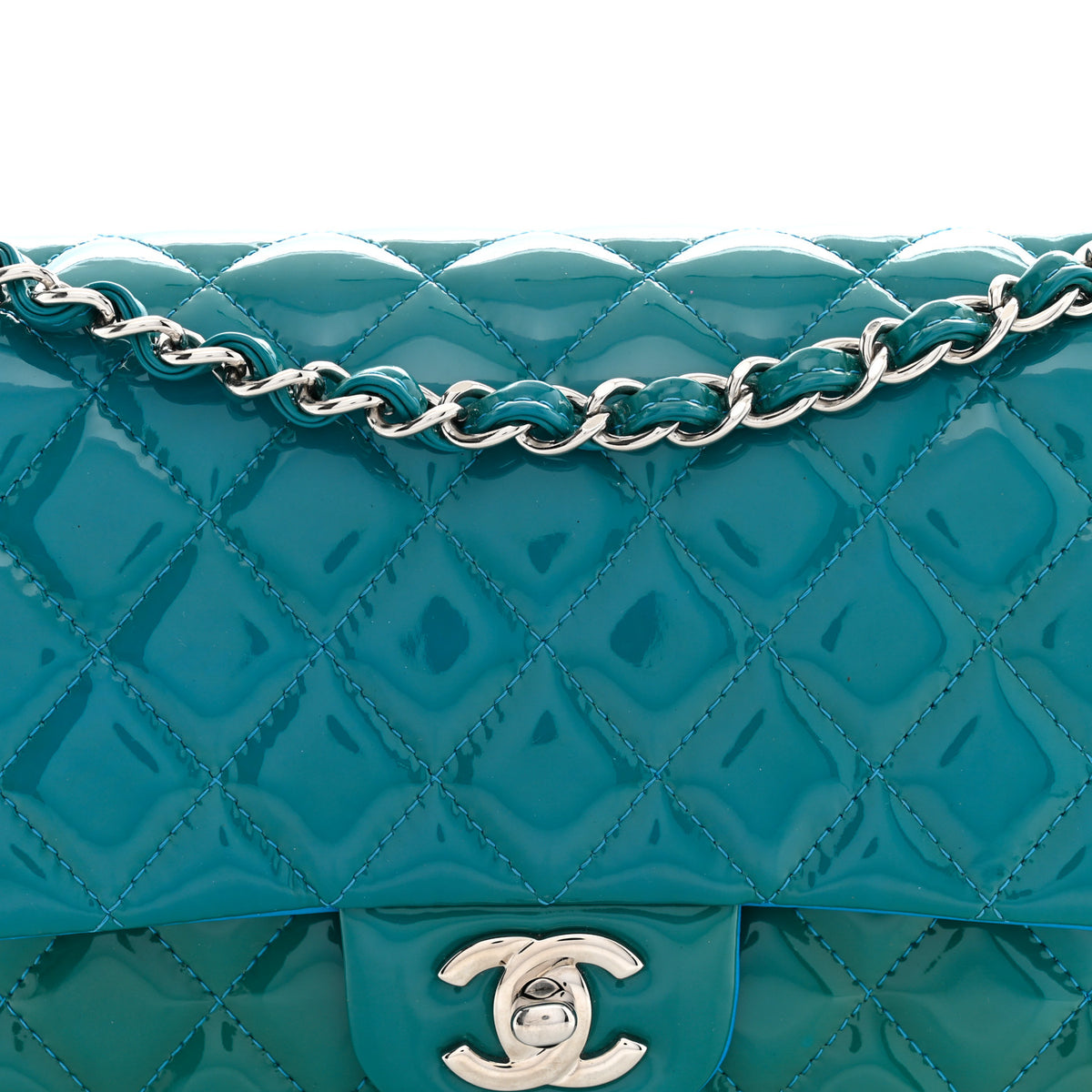 Patent Calfskin Quilted Medium Double Flap Turquoise