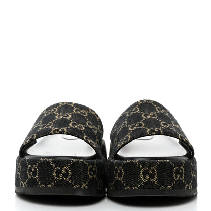 Gucci Jacquard Black Denim GG Monogram Angelina Platform 55mm Slide Sandals 39 Black Ivory 2 of 10