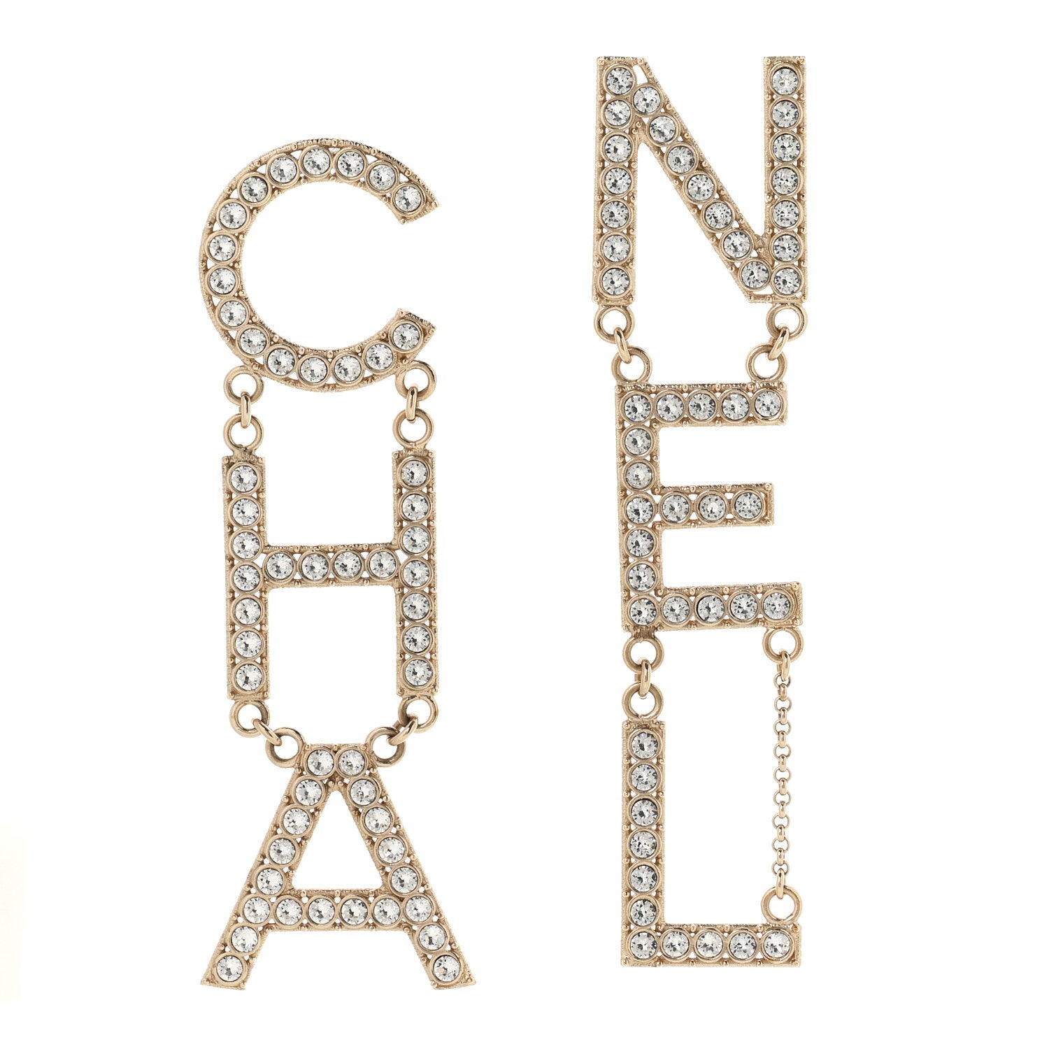 Chanel Crystal Cha-Nel Logo Drop Earrings Gold 1 of 4