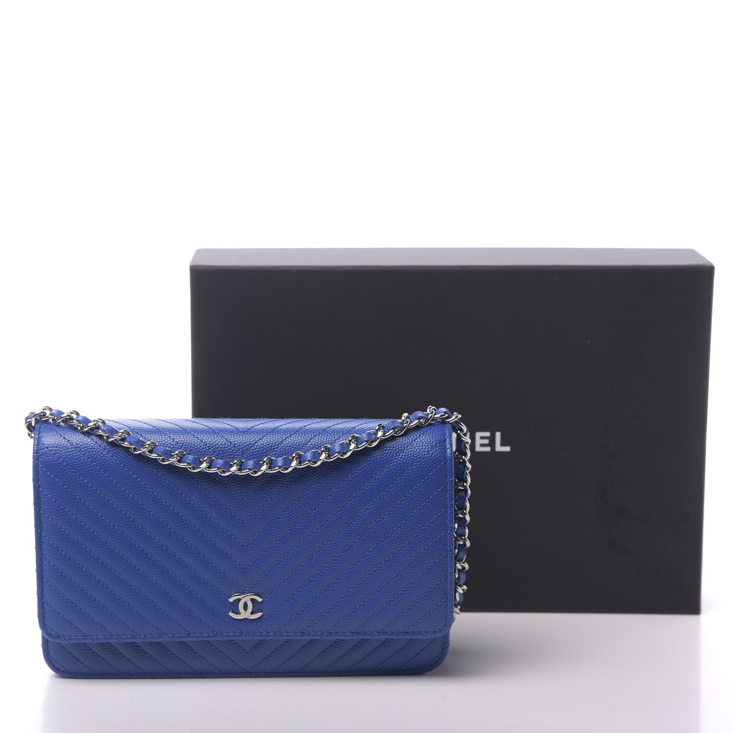 Caviar Chevron Quilted Wallet On Chain WOC Bright Blue