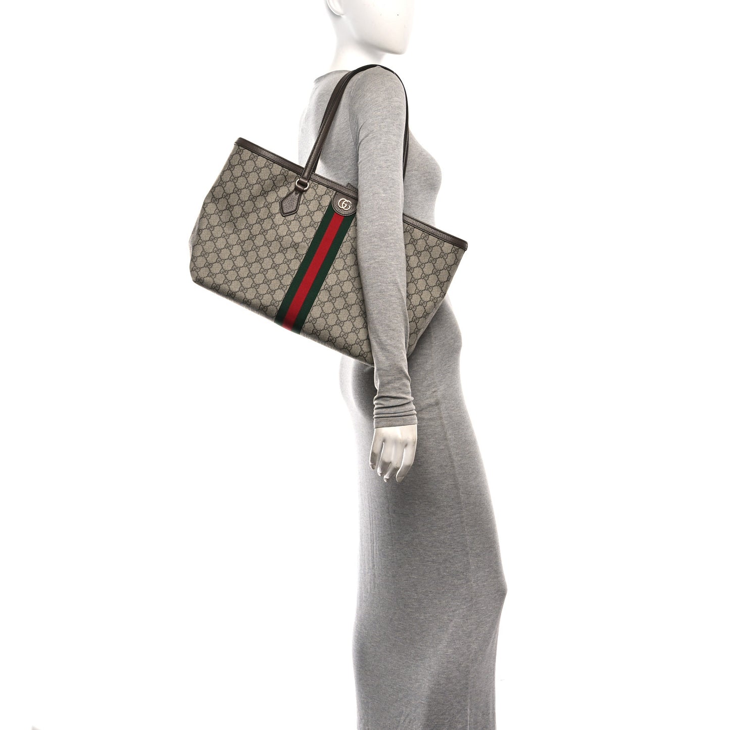 GG Supreme Monogram Textured Calfskin Web Medium Ophidia Shopping Tote Beige Ebony New Acero