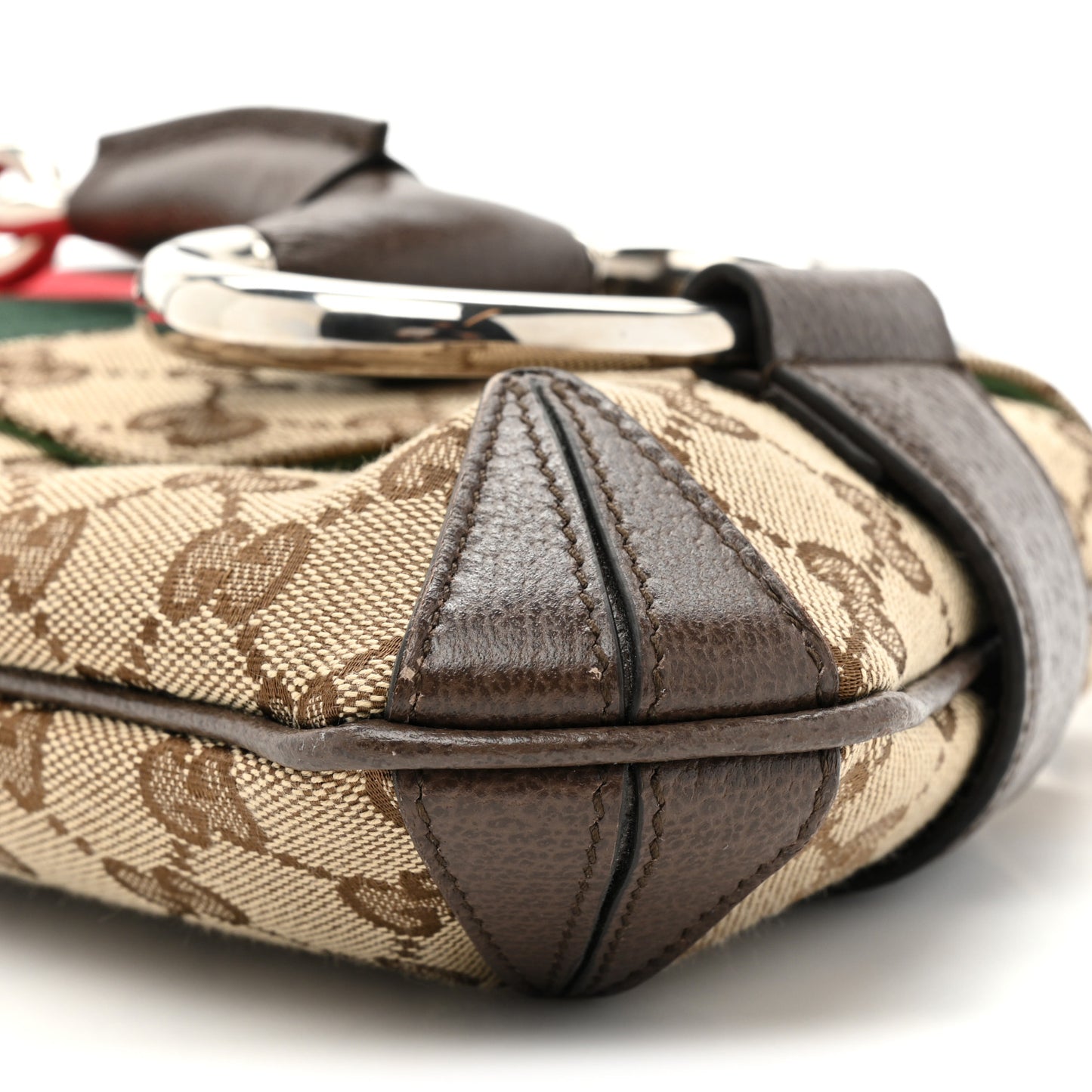 Monogram Textured Dollar Calfskin Heavy Grosgrain Web Medium Maxi Horsebit Chain Shoulder Bag Beige Ebony New Acero