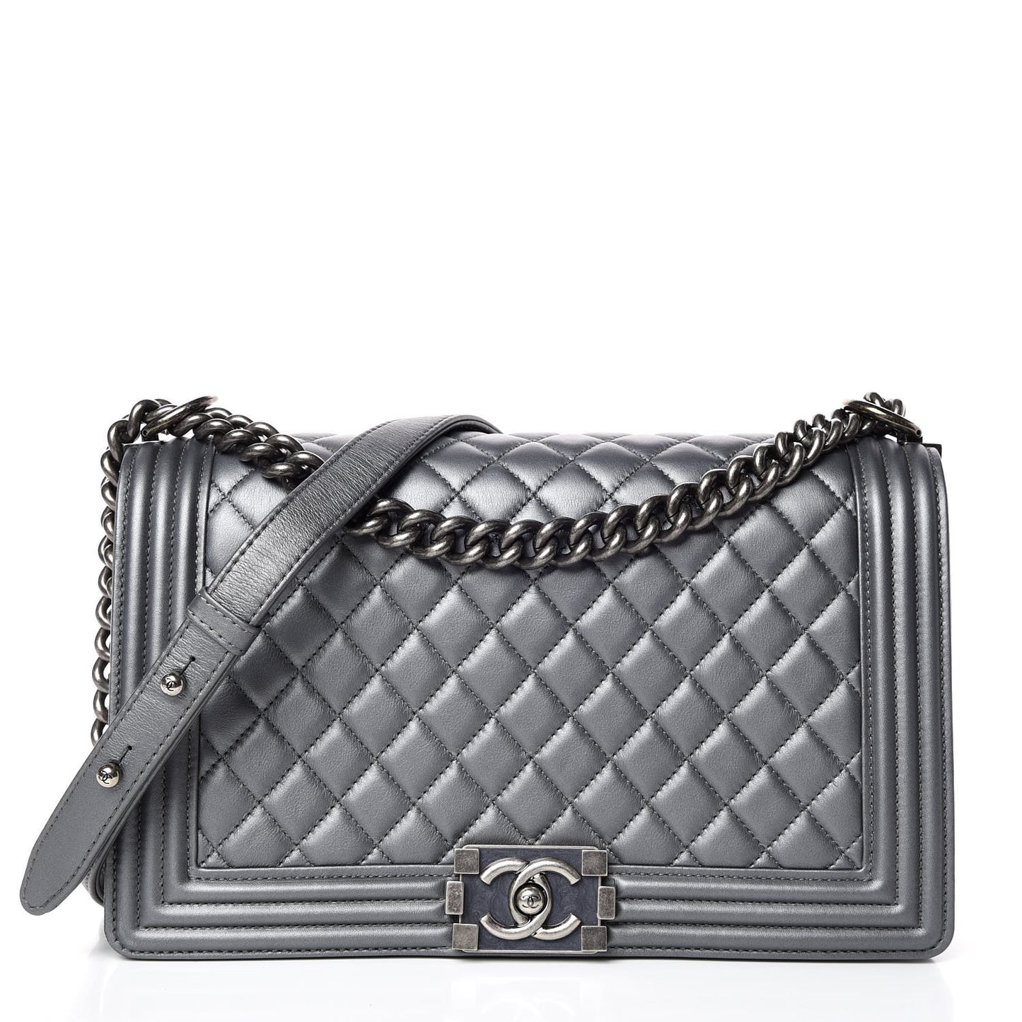 Metallic Calfskin Quilted New Medium Boy Flap Dark Silver