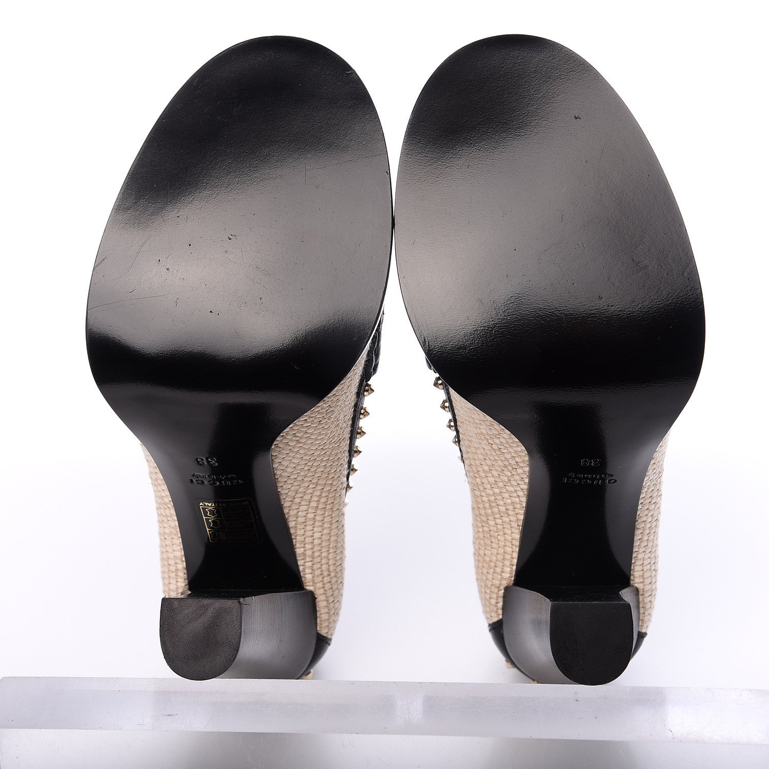 Gucci Calfskin Canvas Studded Horsebit Alyssa Pumps 38 Black Ivory 6 of 11