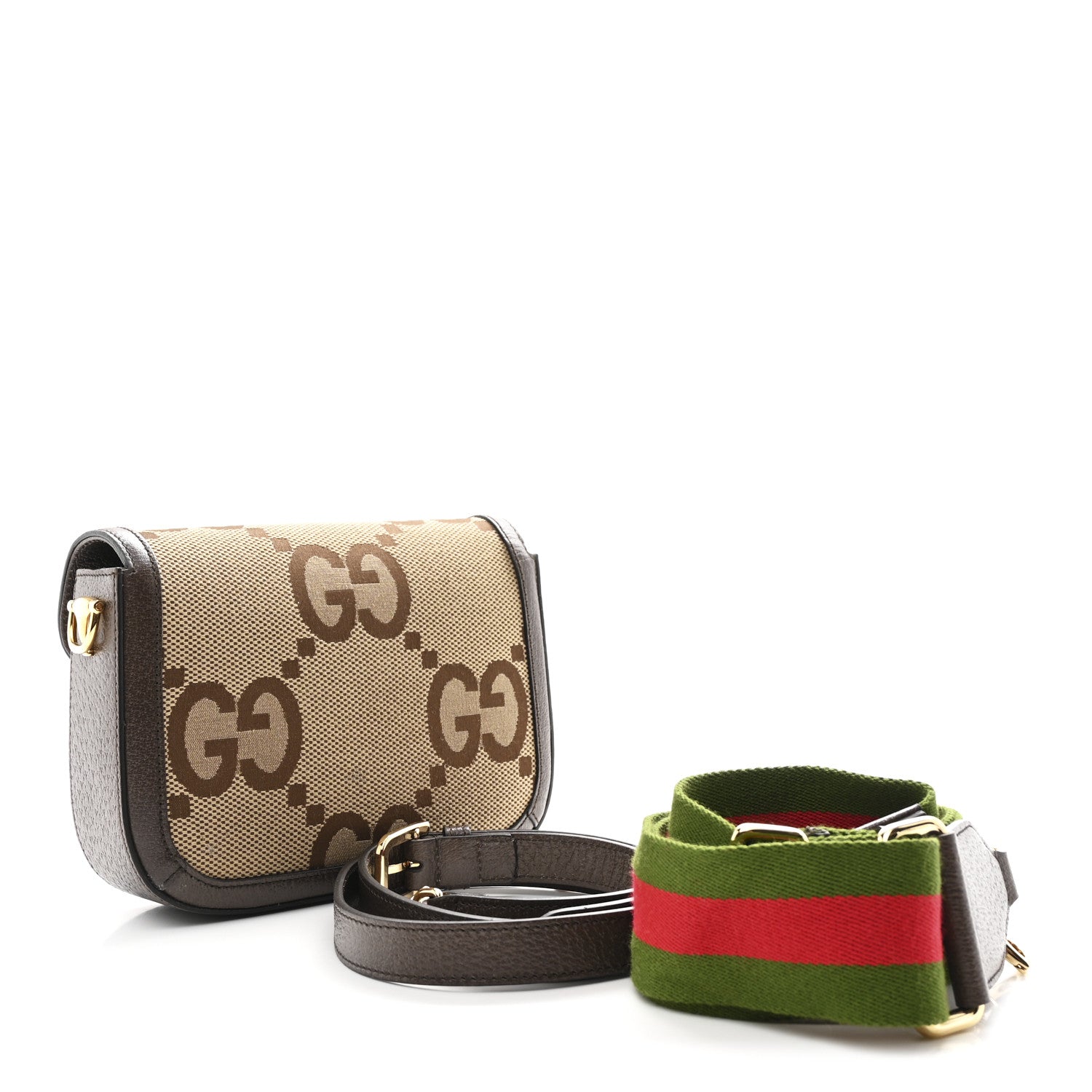 Gucci Monogram Jumbo GG Textured Dollar Calfskin Web Mini Horsebit 1955 Shoulder Bag Camel Ebony New Acero 3 of 9