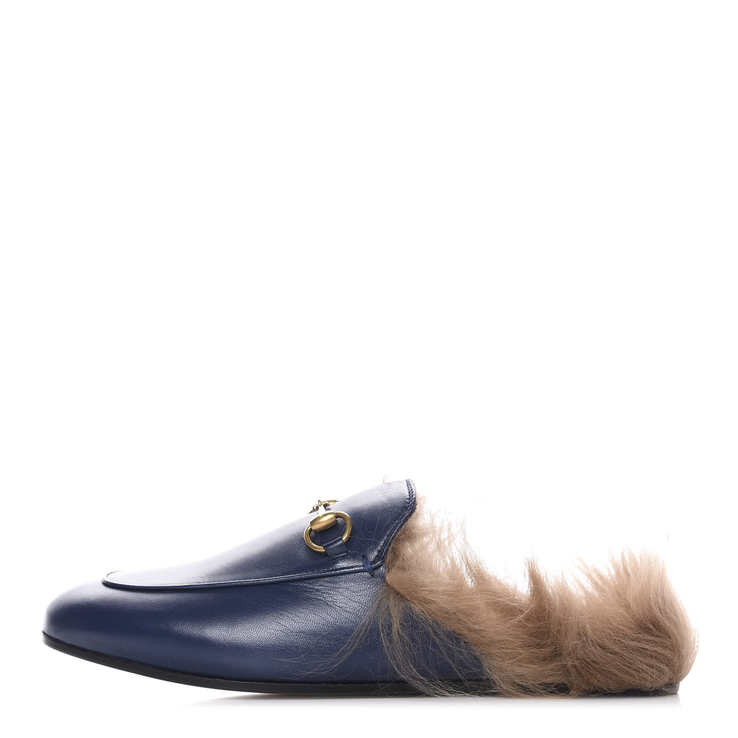Gucci Malaga Kid Fur Womens Princetown Slippers 37.5 Blue Agata 1 of 9