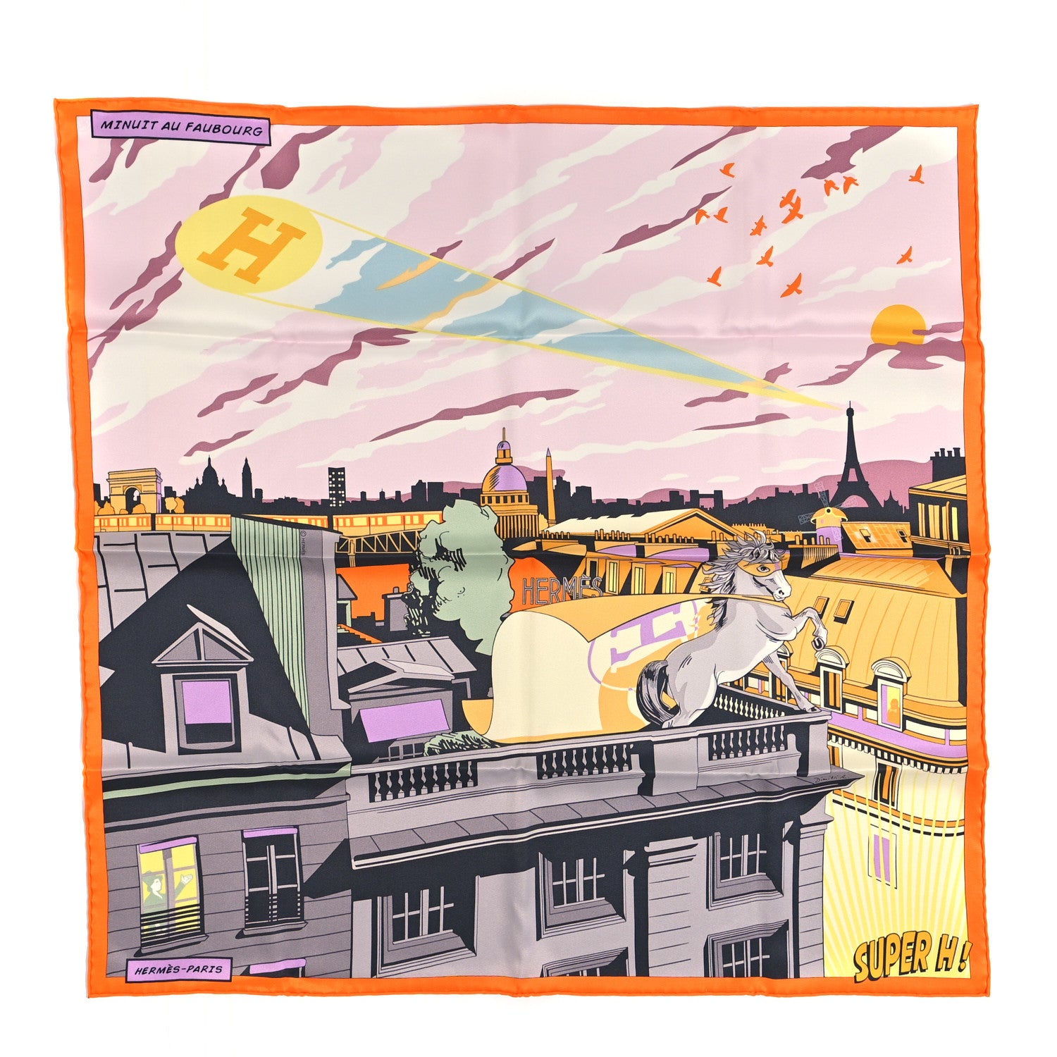 Hermes Silk Minuit Au Faubourg Scarf 70 Orange Gris Jaune 1 of 5