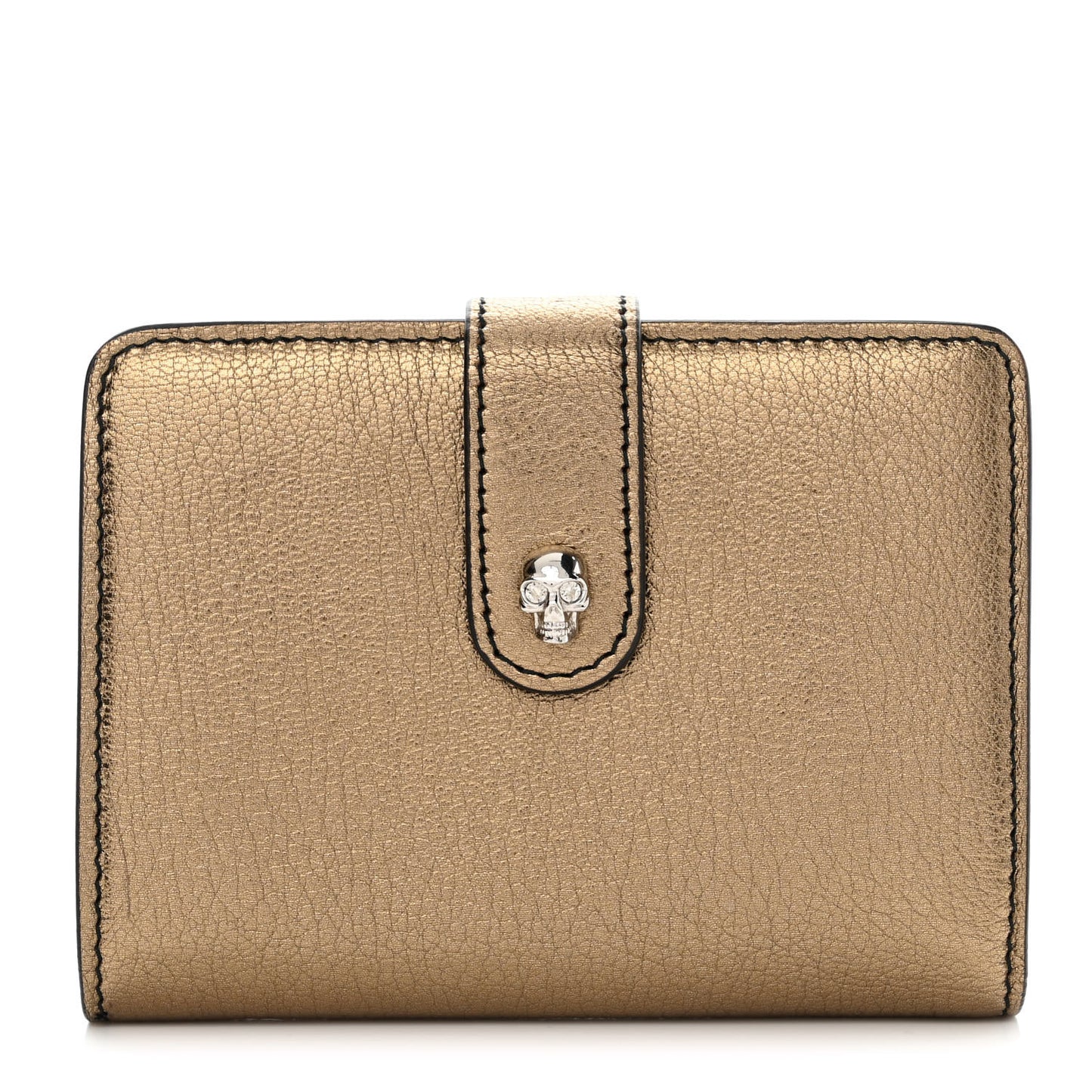 Metallic Calfskin Skull French Wallet Gold