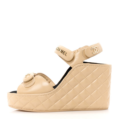 Chanel Shiny Calfskin Quilted Wedge Sandals 41 Beige 1 of 8